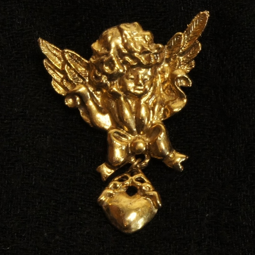 Vintage Gold Tone Angel Cherub Brooch‎ Dangle Heart Pin Marked USA